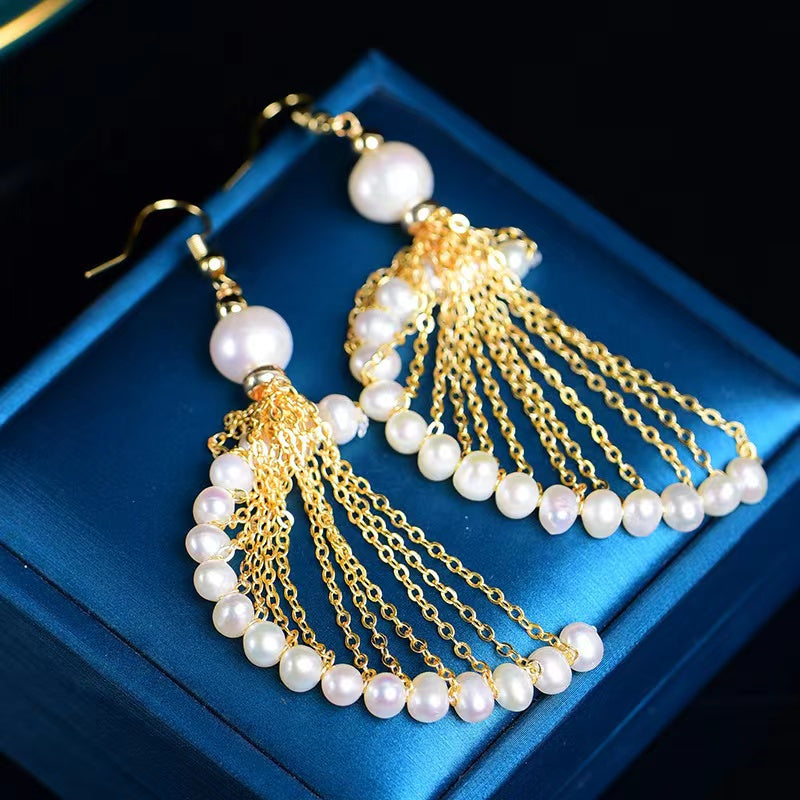 Womens Earrings Handmade Lightweight Jewelry with Tassels White Pearls - Duo Fashion