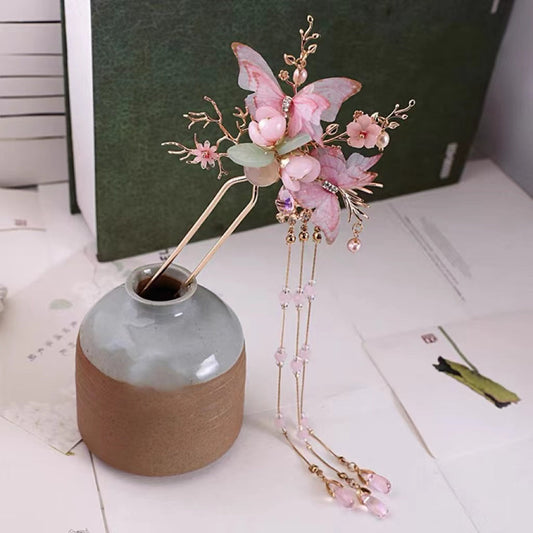 Horquilla de mariposa rosa hecha a mano con borla de color esmalte flor horquilla regalo personalizado accesorios personalizados
