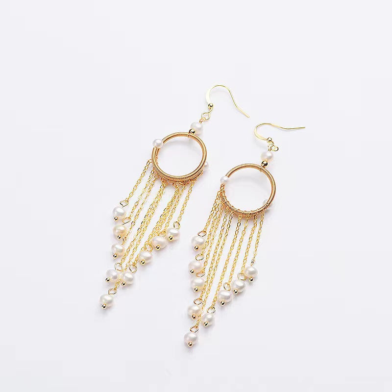Womens Earrings Handmade Lightweight 14k Jewelry with Tassels White Pearls - Duo Fashion