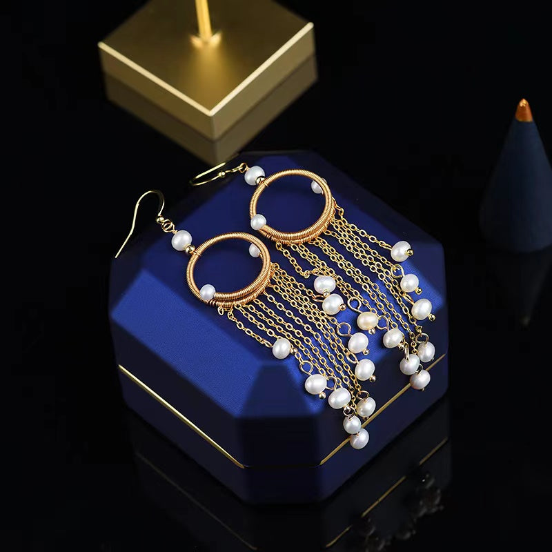 Womens Earrings Handmade Lightweight 14k Jewelry with Tassels White Pearls - Duo Fashion