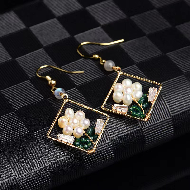 Womens Dangle Geometry Earrings Handmade Lightweight Jewelry with White Pearls - Duo Fashion