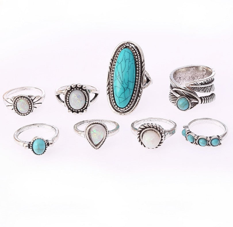 Handmade retro ring fashion opal ring set turquoise 8pcs jewelry ring - Duo Fashion