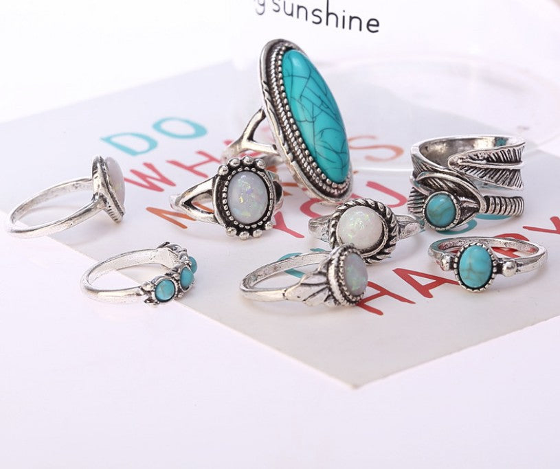 Handmade retro ring fashion opal ring set turquoise 8pcs jewelry ring - Duo Fashion