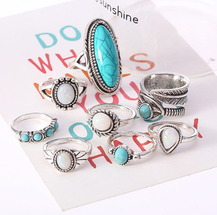 Handmade retro ring fashion opal ring set turquoise 8pcs jewelry ring - Duo Fashion