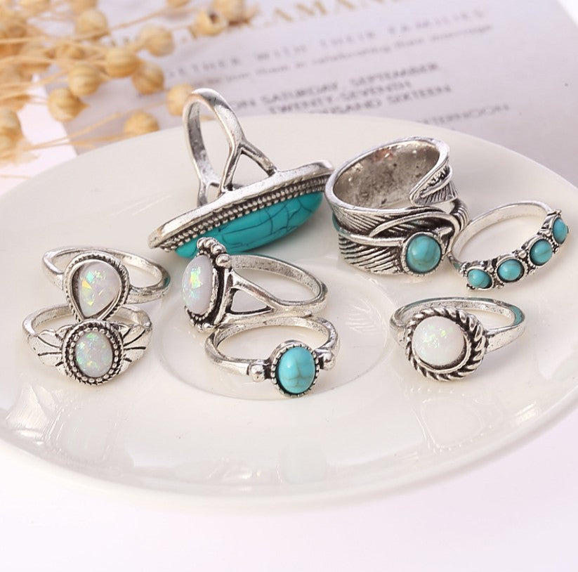 Handmade retro ring fashion opal ring set turquoise 8pcs jewelry ring - Duo Fashion