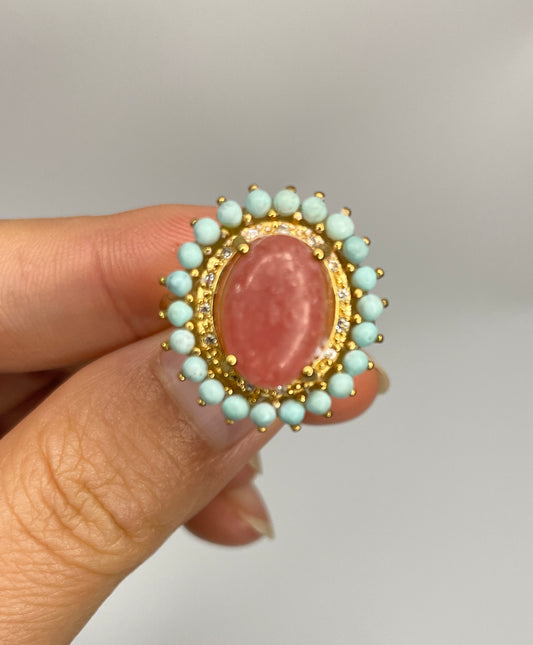 Cincin retro buatan tangan warna merah muda cincin tangan kristal aksesoris perhiasan fashion
