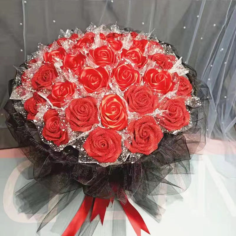 Handmade diy custom ribbon double layer red rose flower 33pcs finish products for birthday girlfriend gift