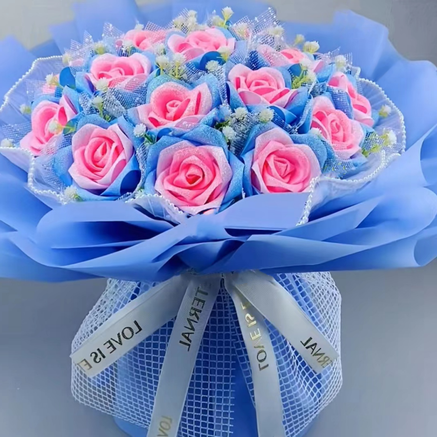 Buatan tangan diy custom pita double layer bunga mawar merah 33pcs produk akhir untuk hadiah pacar ulang tahun