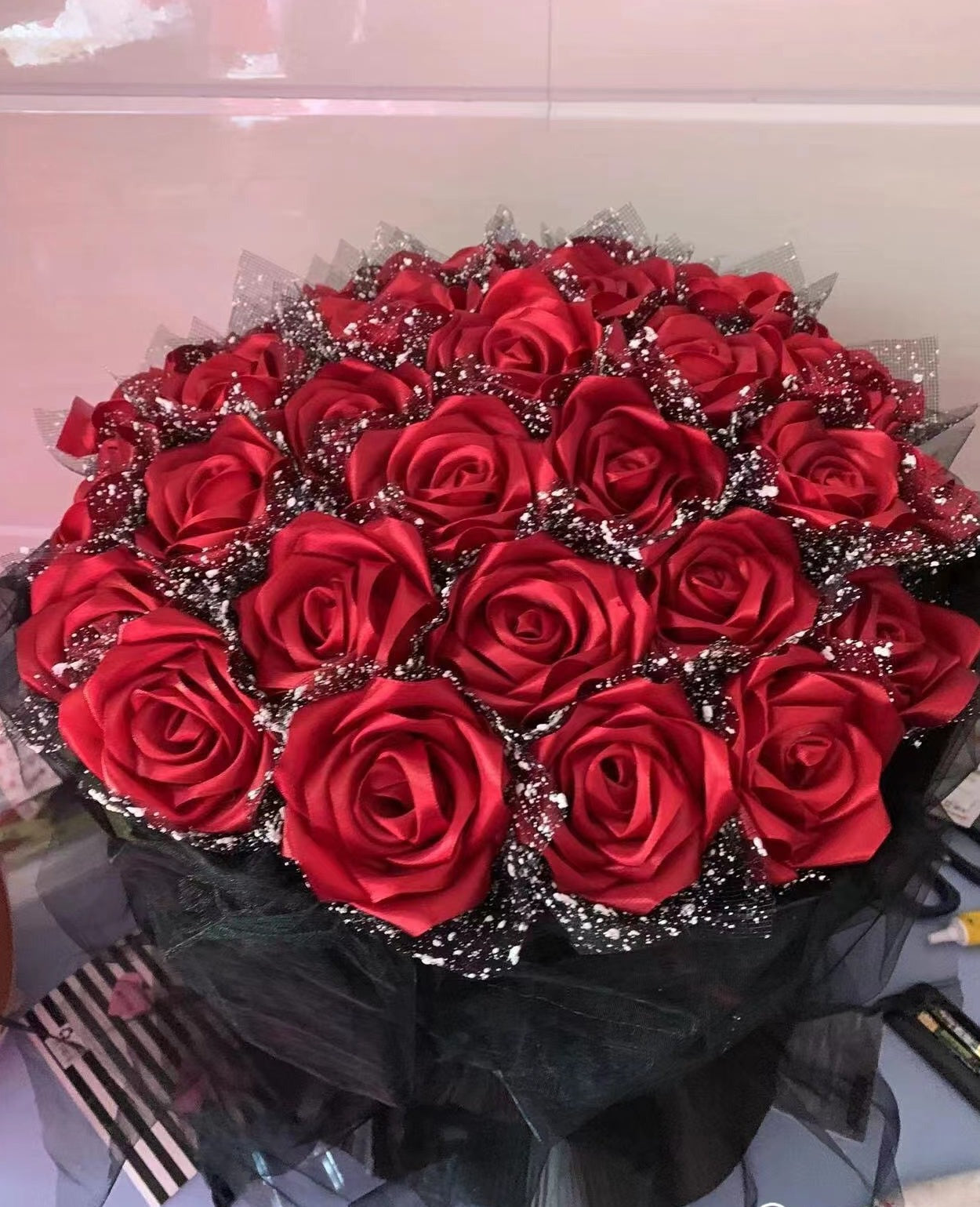 Handmade diy custom ribbon bluelover rose flower 33pcs finish products for birthday girlfriend gift